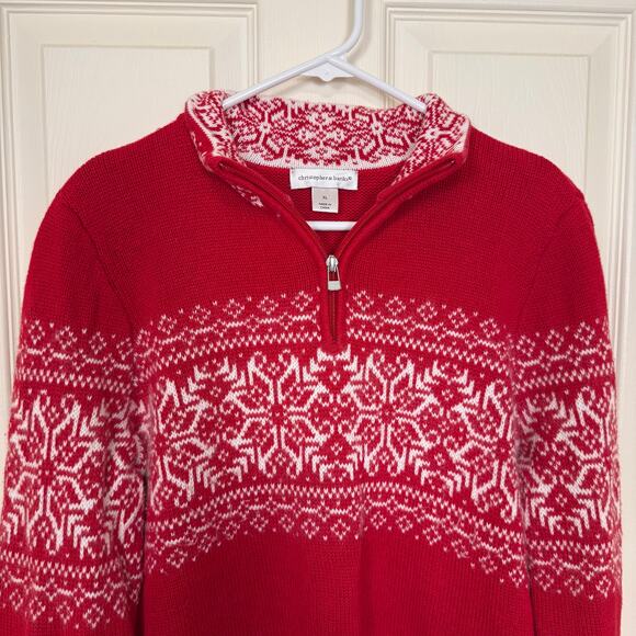 Christopher & Banks Red Fair Isle Sweater Half Zip Nordic Holiday Snowflakes XL - Picture 2 of 6